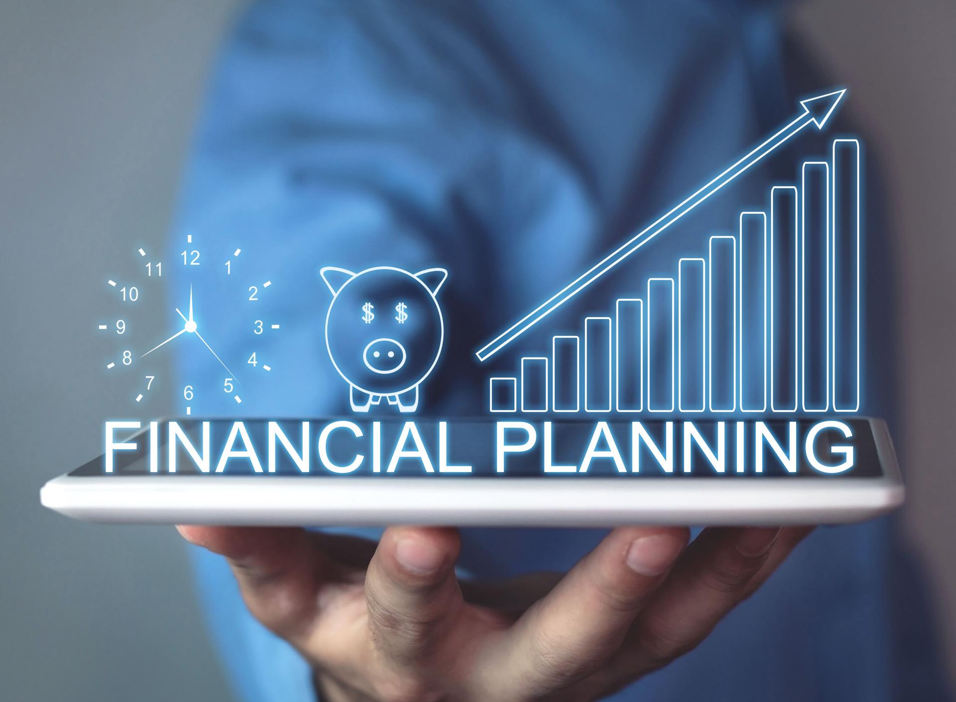 Man holding clock with piggy bank and financial graph. Financial planning concept